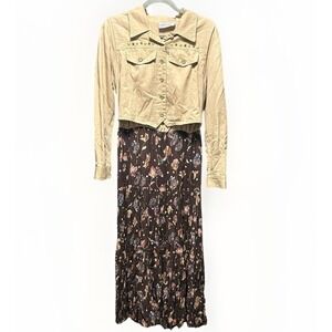 d.Frank Dress Womens Large Western Boho Floral Pleated Maxi‎ Long Sleeve